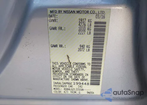 2016 Nissan Altima 2.5/2.5 S/2.5 Sl/2.5 Sr/2.5 Sv from USA, damaged, VIN 1N4AL3AP6GC199448